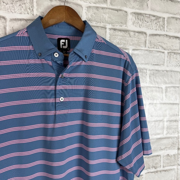 FootJoy Light Blue Pink Striped Performance Button Down Golf Polo Mens LARGE - Picture 1 of 7